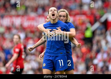 Guro Reiten of Chelsea Women and Erin Cuthbert of Chelsea Women celebrate Melanie Leupolz of Chelsea Women goal to make it 0-5 Chelsea, during the The FA Women's Super League match Manchester United Women vs Chelsea FC Women at Old Trafford, Manchester, United Kingdom, 18th May 2024  (Photo by Cody Froggatt/News Images) Stock Photo
