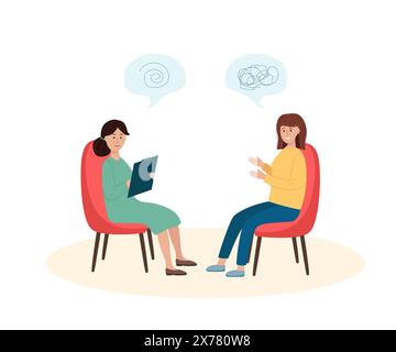 Psychotherapy, a girl at a psychologist's appointment. Vector illustration of a flat style, the concept of treating depression or psychological proble Stock Photo
