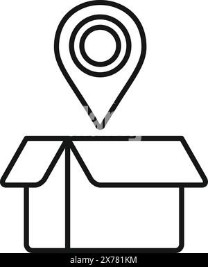 Simple outline icon depicting a location pin over a cardboard box Stock Vector