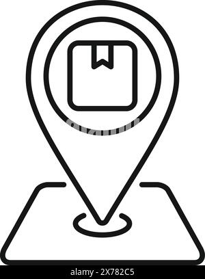Black and white illustration of a map pin icon with a delivery box symbol Stock Vector