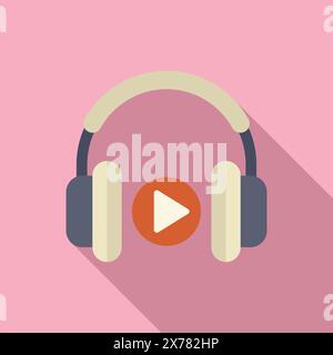 Modern flat design vector icon featuring headphones with a play symbol, on a pink background Stock Vector