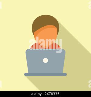 Minimalist flat design of a person working on a laptop with a shadow effect Stock Vector