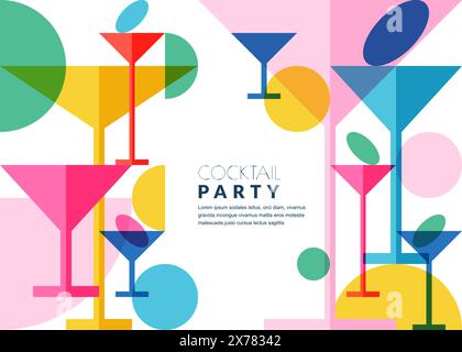 Cocktail party abstract color block geometric white background. Vector flat multicolor margarita drinking glasses illustration. Banner, poster, flyer, Stock Vector