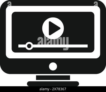 Black and white icon of a computer monitor displaying a video player interface Stock Vector