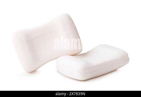 Front view of two bars of dry white soap in stack is isolated on white background with clipping path. Stock Photo