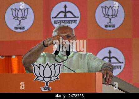 Mumbai, India. 17th May, 2024. India's Prime Minister Narendra Modi speaks during the alliance party rally in Mumbai. Bharatiya Janata Party (BJP) and its alliance parties held a rally encouraging its supporters to vote for them in the Loksabha election when the city goes to vote on 20th May 2024. Credit: SOPA Images Limited/Alamy Live News Stock Photo