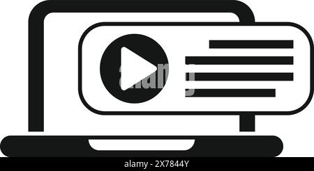 Black and white vector of a laptop with a video player on the screen Stock Vector