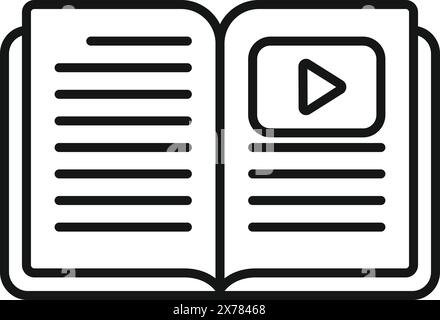 Linear icon illustration of an open book with a play button, symbolizing multimedia learning Stock Vector