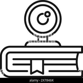 Black and white line art of a webcam placed on an closed book, depicting online education or virtual communication Stock Vector