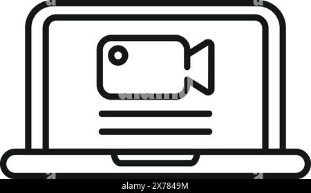 Black and white line art of a laptop displaying a video icon, symbolizing online multimedia Stock Vector