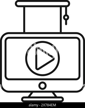 Linear icon representing online education with a graduation cap, symbolizing elearning and virtual graduation Stock Vector