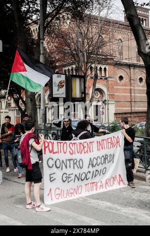 Turin, Italy. 18th May 2024. Students from the University and Polytechnic of Turin march through the streets of the city to demonstrate their solidarity with the Palestinian people and to demand an end to the bombing of the Gaza Strip by the Israeli government. The demonstration is part of the protests that are shaking many countries around the world. Credit: Luca Prestia / Alamy News Live Stock Photo