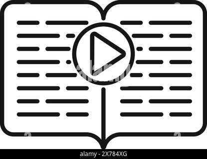 Graphic illustration of an open book with a central play button, symbolizing multimedia learning Stock Vector