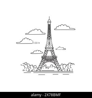 Mono line illustration of Eiffel Tower or Tour Eiffel on the Champ de Mars in Paris, France done in monoline line art black and white style. Stock Vector