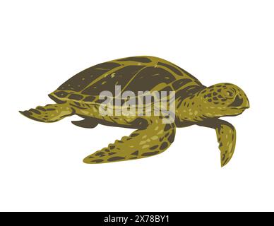WPA poster art of a green sea turtle, also known as the green turtle, black turtle or Pacific green turtle swimming viewed from side done in works pro Stock Vector