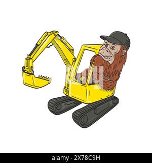 Line art drawing illustration of sasquatch or bigfoot, an ape like creature in Canadian and American folklore, wearing trucker hat driving operating a Stock Vector