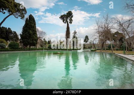 The serene pools of the Golestan Palace are mirrored by towering trees against a cloudy sky. Historic site, Tehran, Iran. Stock Photo