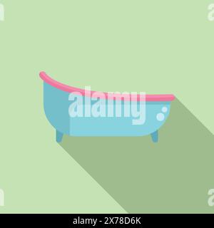 Minimalist flat design of a classic blue clawfoot bathtub with pink rim on a soft green pastel backdrop Stock Vector