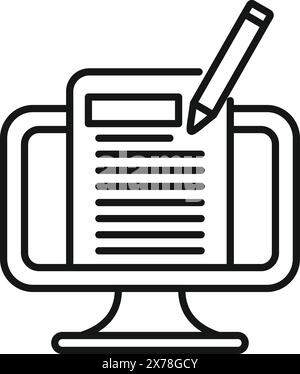 Simple and creative online blogging concept icon with digital content creation and editing on a computer screen, featuring a pencil, website publishing, and web management Stock Vector