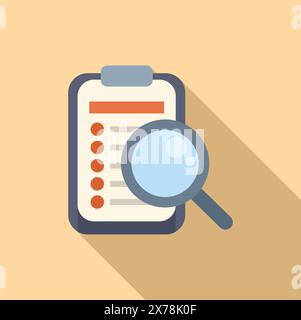 Vector flat design inspection checklist concept icon with magnifying glass and clipboard for review, verification, and quality control in business and organization Stock Vector