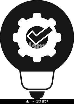 Black and white icon of a light bulb with gears and check mark indicating a successful idea or solution Stock Vector