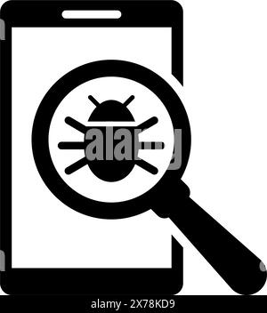 A magnifying glass icon hovers over a smartphone, symbolizing a security scan or antivirus check on a mobile device to detect potential malware or vul Stock Vector