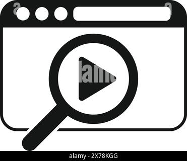 Black and white vector icon depicting a magnifying glass over a video play button symbol Stock Vector