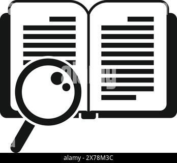 Black and white icon depicting a magnifying glass over an open book, symbolizing research and examination Stock Vector