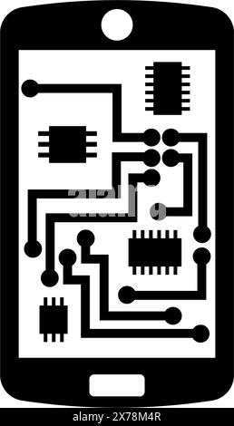 A minimalist black and white icon depicting a stylized smartphone silhouette filled with an intricate circuit board design, representing advanced tech Stock Vector