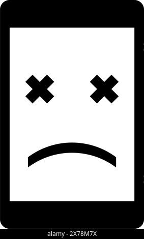 A minimalist black and white icon depicting a stylized smartphone silhouette with a distressed, damaged appearance, representing frustration, glitches Stock Vector