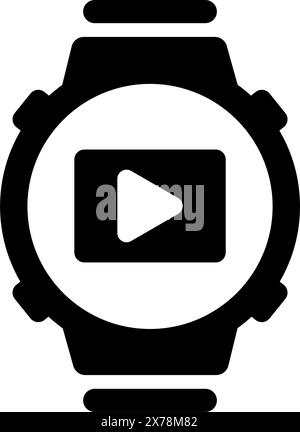 A minimalist black and white icon depicting a stylized smart watch silhouette with a play button icon, representing multimedia capabilities, entertain Stock Vector