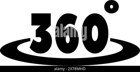 A minimalist black and white icon depicting the text 360 surrounded by a curved line, representing a 360-degree view, panoramic perspectives, or all-e Stock Vector