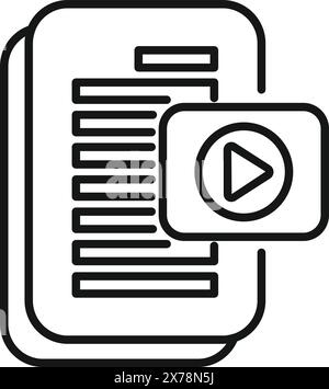 Black and white line art icon depicting a document with a play button, symbolizing an online course or tutorial Stock Vector