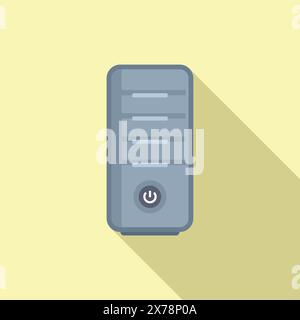 Vector image of a stylized computer server with power button, flat shadow, and pastel background Stock Vector