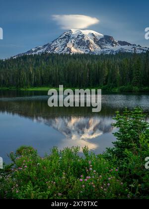 Mount Rainier and Reflection Lake; Mount Rainier National Park, Washington. Stock Photo