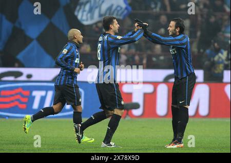 Milan Italy 19/11/2011: Thiago Motta and Giampaolo Pazzini ,Inter players,during the match Fc Inter-Sc Cagliari Stock Photo