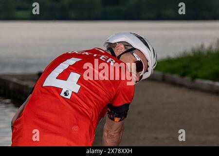 Mark Crowther, who has cycled to every Luton Town 2023/24 Premier League Away match for charity and to raise awareness of Mental Health at Milton Keyn Stock Photo