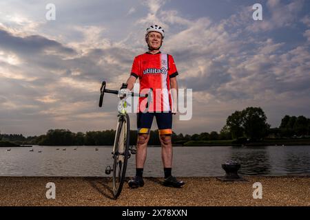 Mark Crowther, who has cycled to every Luton Town 2023/24 Premier League Away match for charity and to raise awareness of Mental Health at Milton Keyn Stock Photo