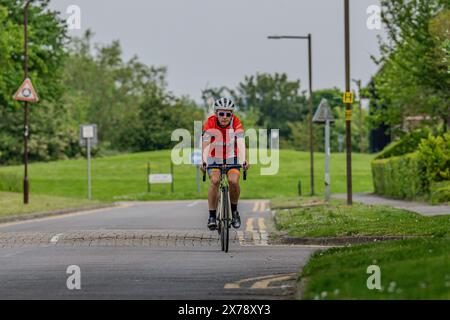 Mark Crowther, who has cycled to every Luton Town 2023/24 Premier League Away match for charity and to raise awareness of Mental Health at Milton Keyn Stock Photo