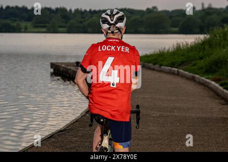 Mark Crowther, who has cycled to every Luton Town 2023/24 Premier League Away match for charity and to raise awareness of Mental Health at Milton Keyn Stock Photo