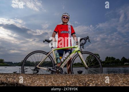 Mark Crowther, who has cycled to every Luton Town 2023/24 Premier League Away match for charity and to raise awareness of Mental Health at Milton Keyn Stock Photo