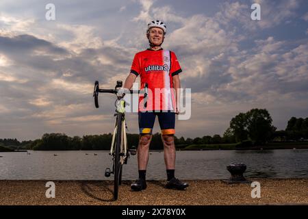 Mark Crowther, who has cycled to every Luton Town 2023/24 Premier League Away match for charity and to raise awareness of Mental Health at Milton Keyn Stock Photo