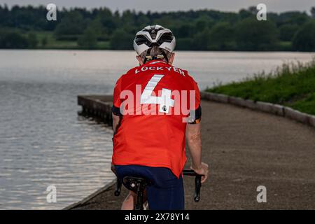 Mark Crowther, who has cycled to every Luton Town 2023/24 Premier League Away match for charity and to raise awareness of Mental Health at Milton Keyn Stock Photo