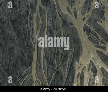 Aerial close-up of intricate river patterns and textures in South Iceland Stock Photo