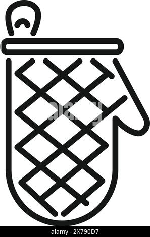 Kitchenware illustration of a black and white oven mitt line icon for cooking and baking. A simple graphic design outline silhouette of a heatresistant glove. Isolated on a white background Stock Vector