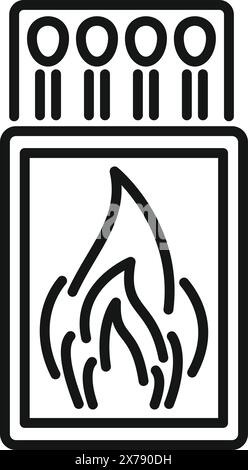 Black and white icon of a matchbox with a stylized flame, ideal for designs Stock Vector