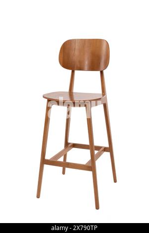 Tall bar chair with backrest isolated on a white background. wooden bar stool. Stock Photo