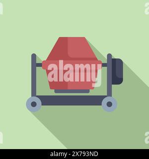 Vector graphic of a red concrete mixer in a modern flat design style with shadow on a green background Stock Vector
