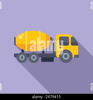 Flat design vector illustration of a yellow cement mixer truck with shadow on a purple background Stock Vector