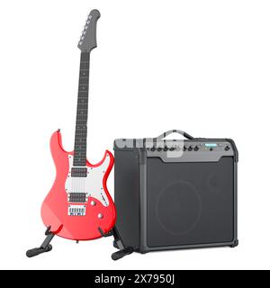 Electric Guitar with Instrument Amplifier, 3D rendering isolated on white background Stock Photo